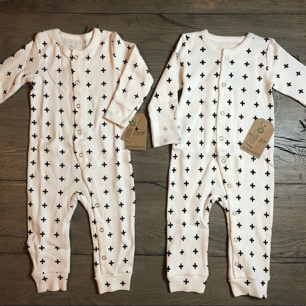 NWT 2 Modern Burlap 6-12 months coveralls